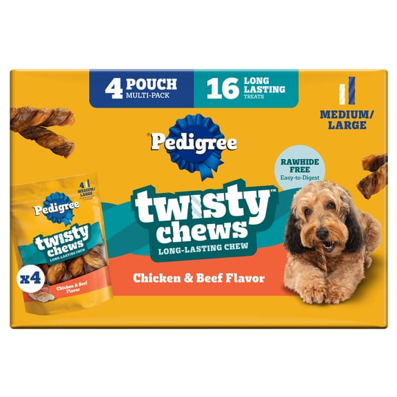 Pedigree Twisty Chews Long-Lasting Dog Treats Chicken & Beef Flavor, (4) 9.17 oz. Pouches