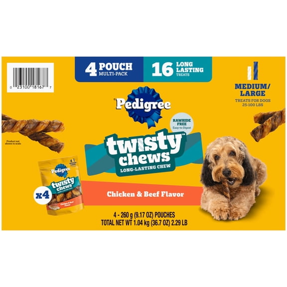Pedigree Twisty Chews Medium/Large Long-Lasting Dog Treats Chicken & Beef Flavor (4) 9.17 Oz Pouches