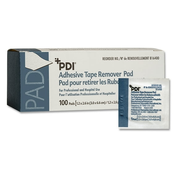 PDI Adhesive Remover Wipes for Skin, individually wrapped 1.2 x 2.6 in, 100 Wipes