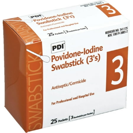 PDI Healthcare Impregnated Swabstick, Cotton Tip, Wood Shaft, 10% Povidone-Iodine Cotton Swabs, Box of 25