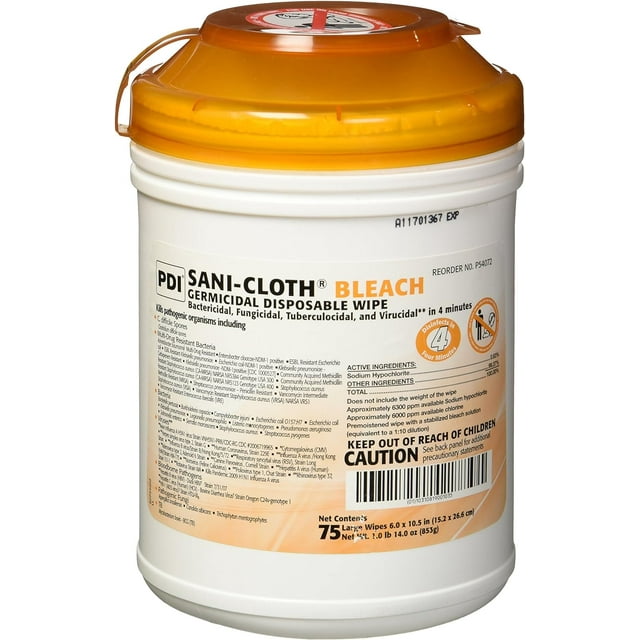 PDI P54072 SaniCloth Bleach Germicidal Disposable Wipe Large 6 in. x 10½ in. (3 Canisters of 75