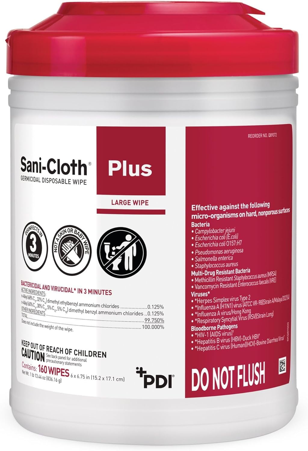 PDI Sani-Cloth Plus Germicidal Disposable Wipes, 160 Wipes per Canister, Case of 12