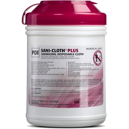 PDI Sani-Cloth Plus Germicidal Disposable Wipes - For Healthcare, Bactericidal, Virucidal & Fungicidal - Ready-To-Use Cleaning Cloth - Broad Surface Disinfectant - 160 Wipes (6” x 6.75") - Pack of 1