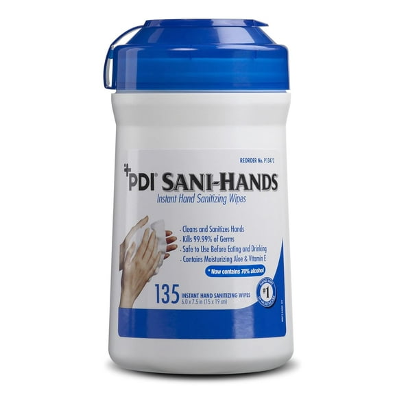 PDI Sani-Hands Instant Hand Sanitizing Wipes - Quick-Drying Moisturizing Formula Kills 99.99% Germs - Ethyl Alcohol with Aloe, Vitamin E, with Textured Fabric - For Outdoor Use - 135 Wipes - Pack of 2