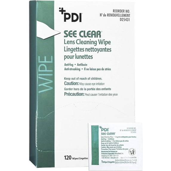 PDI See Clear Eye Glasses Lens Cleaning Wipes - 120 Wipes - Residue-Free, Anti-Fog, Non-Scratching, Non-Streaking & Pre-Moistened Wipes - Quick-Drying Formula - 6.5 in. x 5 in - Pack of 2
