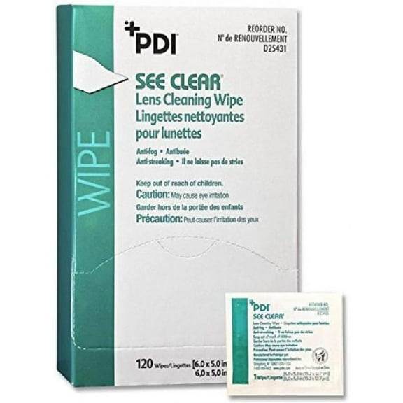 PDI See Clear Lens Cleaning Wipes, For Use with Glass and Polycarbonate Lenses, 5 Inches x 6 Inches, Anti-Static, Anti-Fog, Anti-Streaking, 120 Count