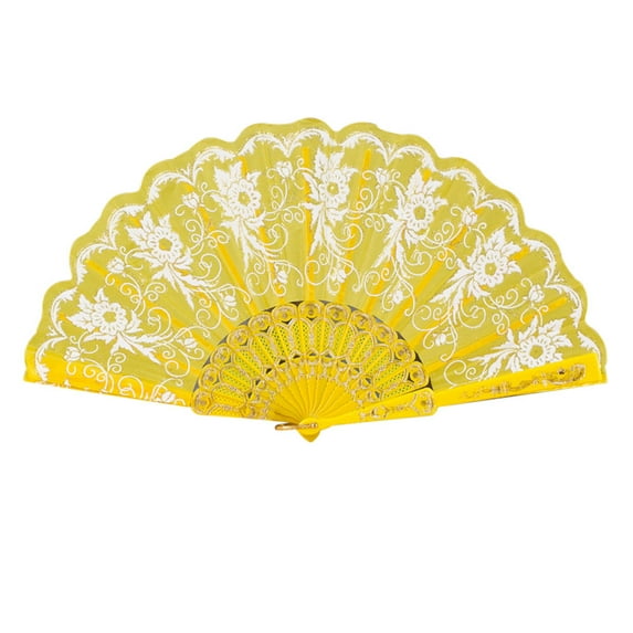 PDNRPSP 1 Pcs Floral Folding Hand Fan for Line Dancing Woman Bamboo Retro Pattern Hand Fans Classic Style Handheld Fabric with Tassel Women's Hollowed Bulk for Cosplay Wedding (Yellow)