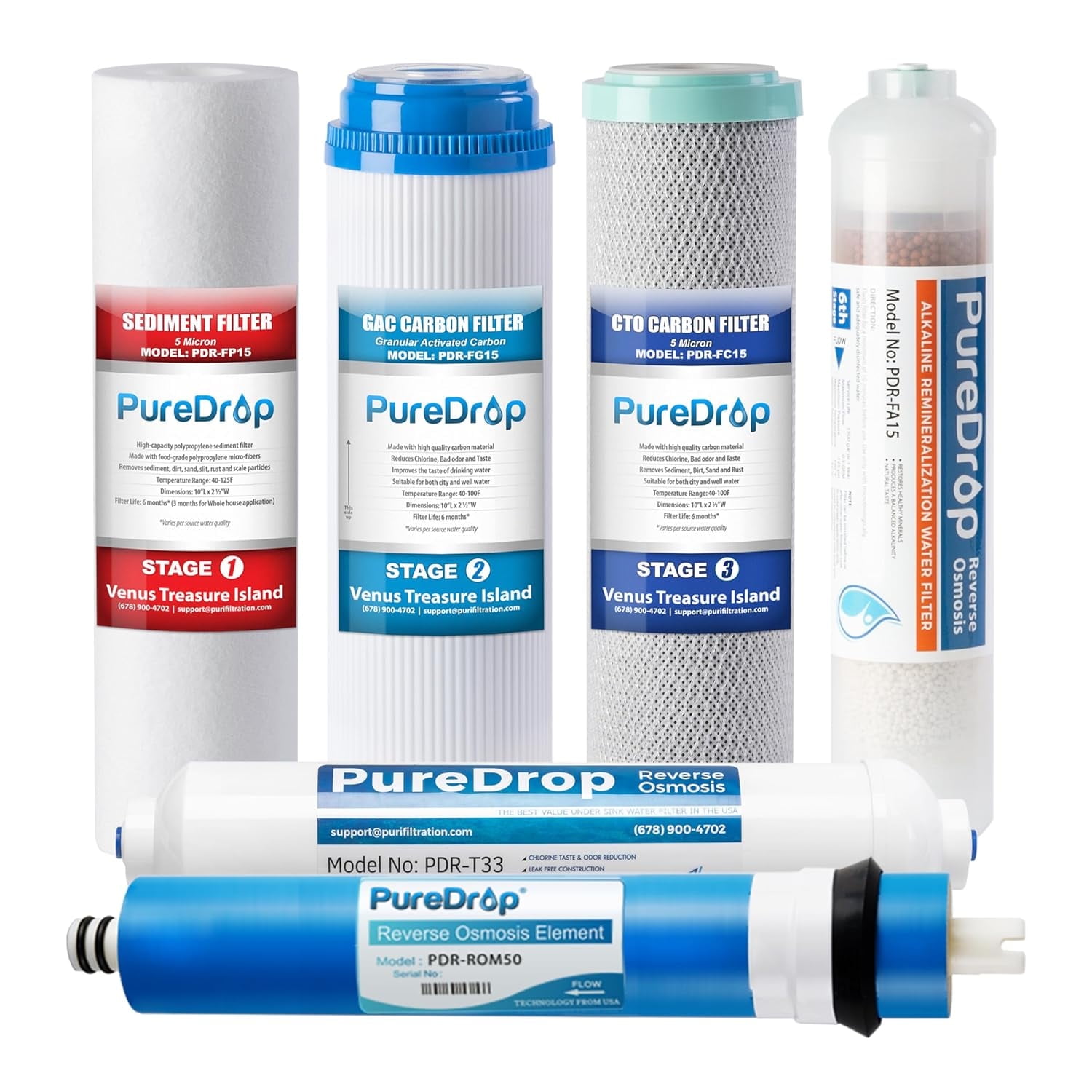 PDR-F6K Replacement Reverse Osmosis Water Filter Set for 6-Stage Under-Sink Water Filtration Systems with Alkaline Mineral Filter