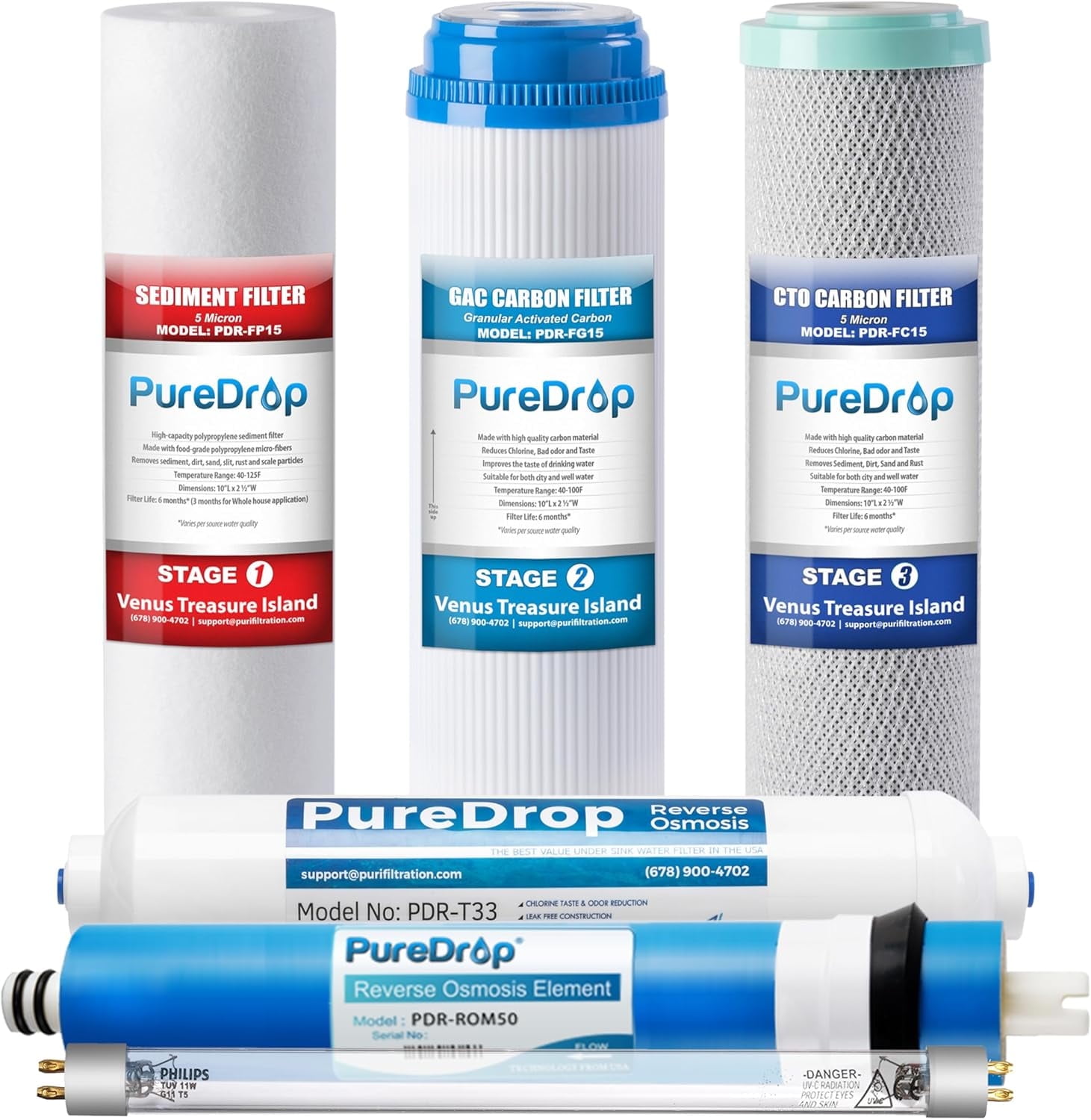 PDR-F6U Replacement Reverse Osmosis Water Filter Set for 6-Stage Under-Sink Water Filtration Systems with UV light Filter