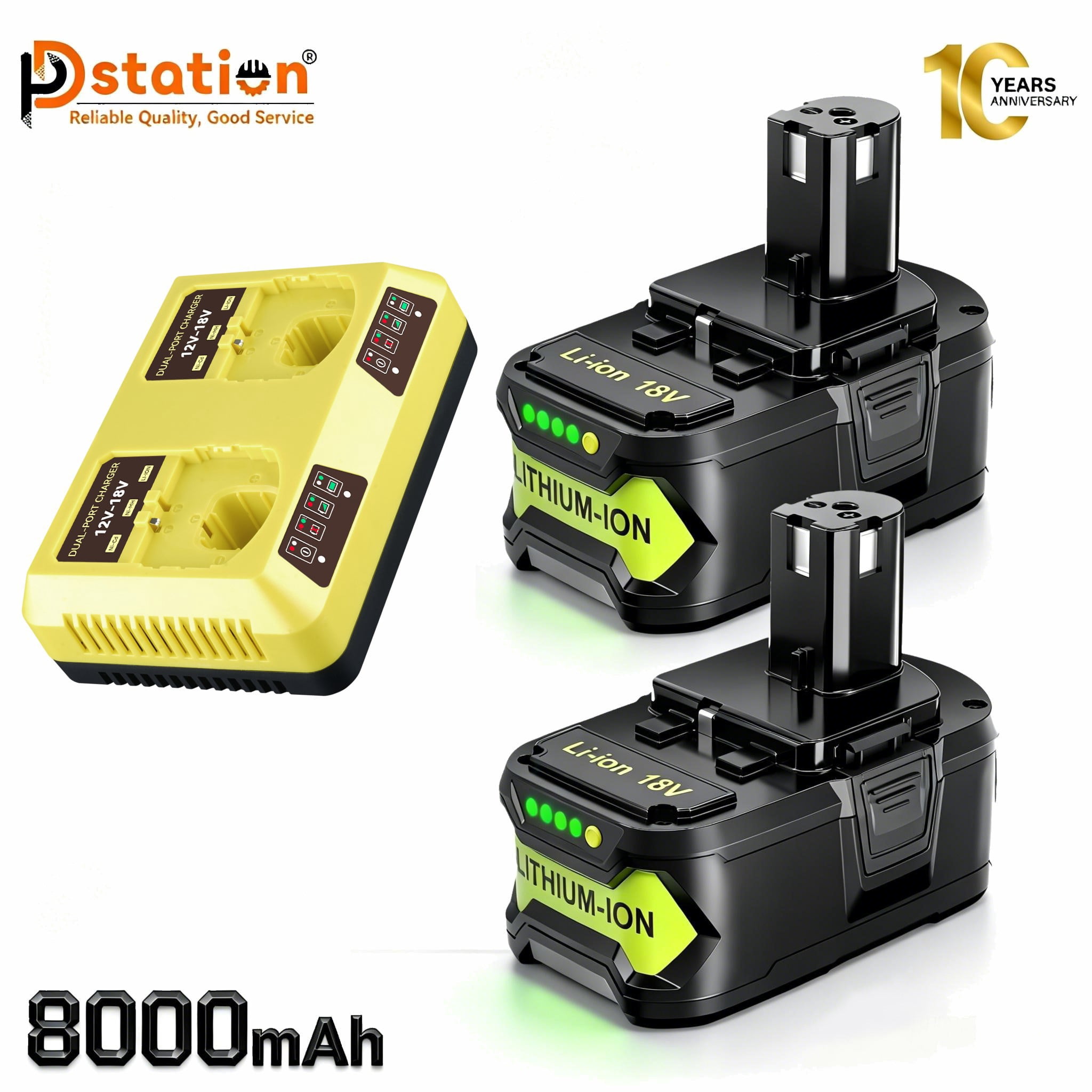 PDstation 2Packs 8.0Ah P108 Battery + 2Port P117 Charger Dual Channel Fast Charger Replace for Ryobi Battery P100 P102 P103 P105 P107 P108 P118 Ryobi 18v Battery and Charger Combo