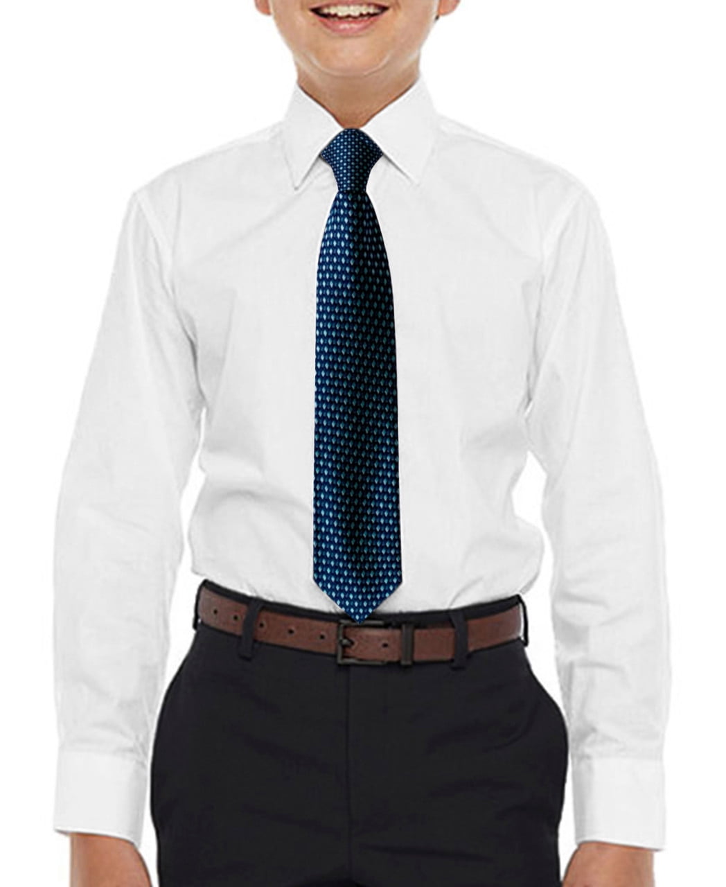 blue dress shirt white tie PE Boys and Kids Long Sleeve Dress Shirt Solid White, Royal Blue Tie