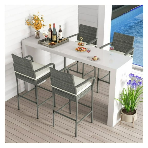PE Rattan Bar Chairs Set of 4, Outdoor Patio Bar Stools with Cushions & Armrests - Mix Gray - Backyard, Porch, Poolside