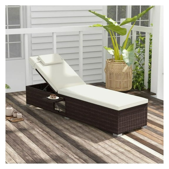 PE Rattan Chaise Lounge with 6-Level Backrest, Outdoor Patio Daybed with Cushion & Side Table, 400lbs Capacity, Mix Brown & Navy for Backyard, Poolside, Balcony