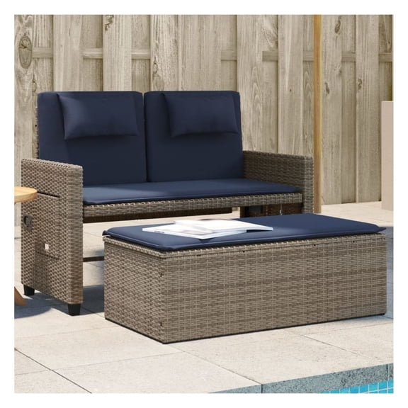PE Rattan Garden Sofa Bed, Grey Outdoor Reclining Daybed with Adjustable Backrest & Stool