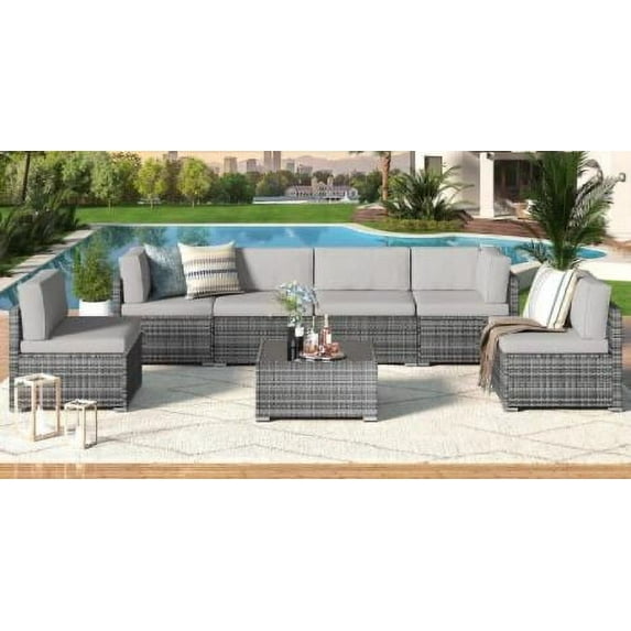PE Rattan & Iron U-Shaped 7-Piece Sofa Set with Glass Table – Gray Gradient Rattan, Light Gray Cushions, Foam Padding for Ultimate Outdoor Comfort