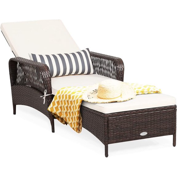 PE Rattan Lounge Chair Outdoor Recliner Patio Chaise Lounger with Extra Waist Pillow, Reclining Chair with 6 Adjustable Gears for Outdoor Beach Pool Backyard