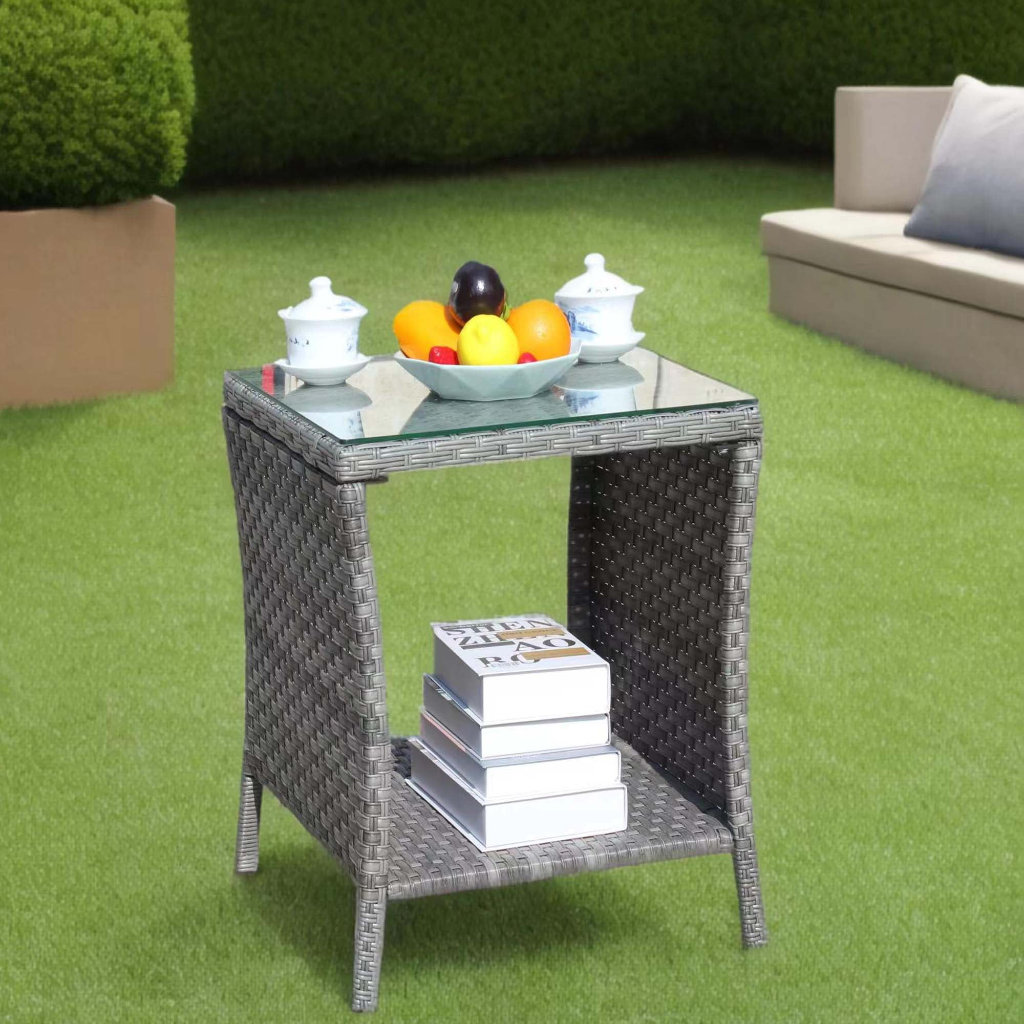PE Rattan Outdoor Patio Coffee Table with 0.2 Inch Clear Tempered Glass Top, 19.25×19.25×21 Inch Steel Frame Side Table, 120LBS Weight Capacity Weather Resistant Garden Deck Table