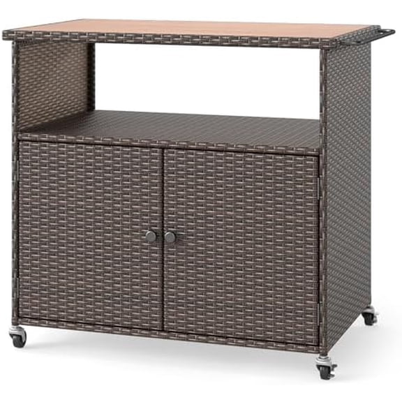 PE Rattan Outdoor Storage Cabinet, Wicker Buffet Cabinet w/Acacia Wood Countertop, Open Compartment & 2-Door Shelf, Outside Bar Cart w/Lockable Wheels for Kitchen, Garden, Backyard & Pool$$Furniture