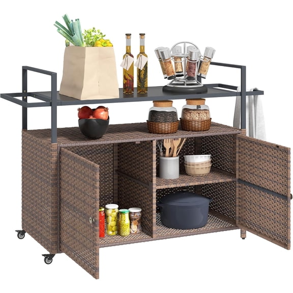 PE Rattan Outdoor Storage Cabinet, Wicker Outdoor Bar Table Kitchen Island with Wheels & 2-Tier Shelf, Patio Serving Cart with Glass Top, Handles, Towel Racks for Poolside, Mixed Brown