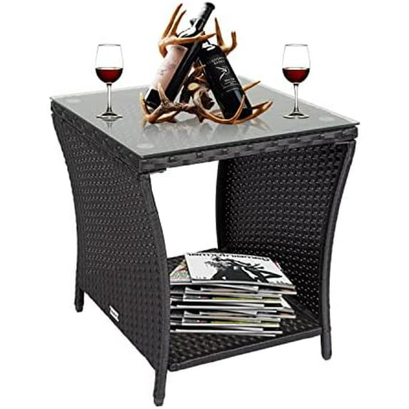 PE Rattan Patio Side Table - Outdoor Wicker End Table with Glass Top, Rattan Coffe Table in Iron Frame for Backyard Balcony Poolside, Black