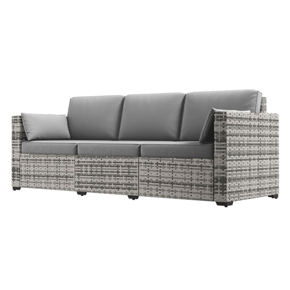 PE Rattan Patio Sofa, 3-Seat Outdoor Couch, Gray Wicker Furniture Set with Cushions