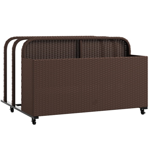 PE Rattan Pool Float Organizer with Wheels, Outdoor Storage Cart for Poolside, Garden Tools, Brown