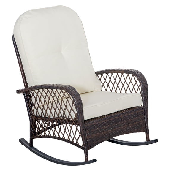 PE Rattan Rocking Chair, Outdoor Wicker Recliner with Cushion, Garden Patio Rocker