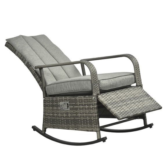 PE Rattan Rocking Recliner with Footrest, Gray - Outdoor Patio Rocking Chair, Adjustable Reclining Wicker Rocker with Cushions for Porch, Lawn, Poolside