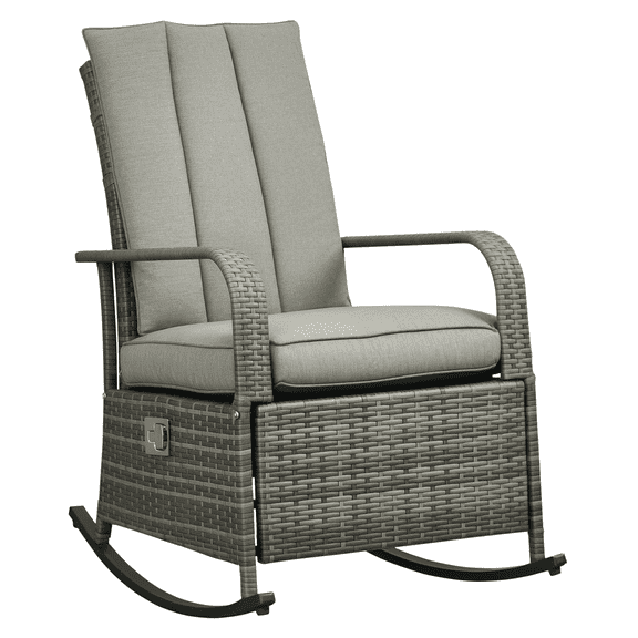 PE Rattan Rocking Recliner with Footrest Gray - Outdoor Patio Rocking Chair, Reclining Wicker Rocker with Cushions, Adjustable Backrest, Heavy Duty Steel Frame