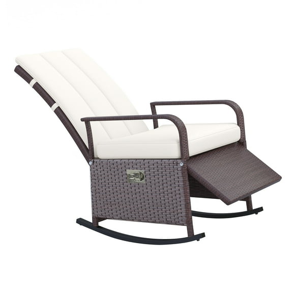 PE Rattan Rocking Recliner with Footrest, Beige - Outdoor Patio Rocker with Adjustable Recline, Weather-Resistant Wicker, and Removable Cushions