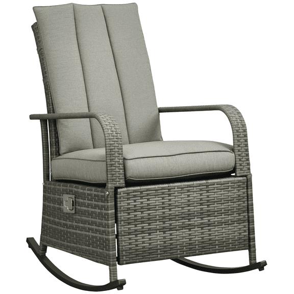 PE Rattan Rocking Recliner with Footrest, Gray - Outdoor Patio Rocker with Adjustable Recline, Weather-Resistant Wicker, and Removable Cushions
