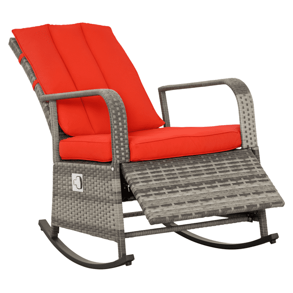 PE Rattan Rocking Recliner with Footrest, Red Cushions - Outdoor Patio Lawn Chair