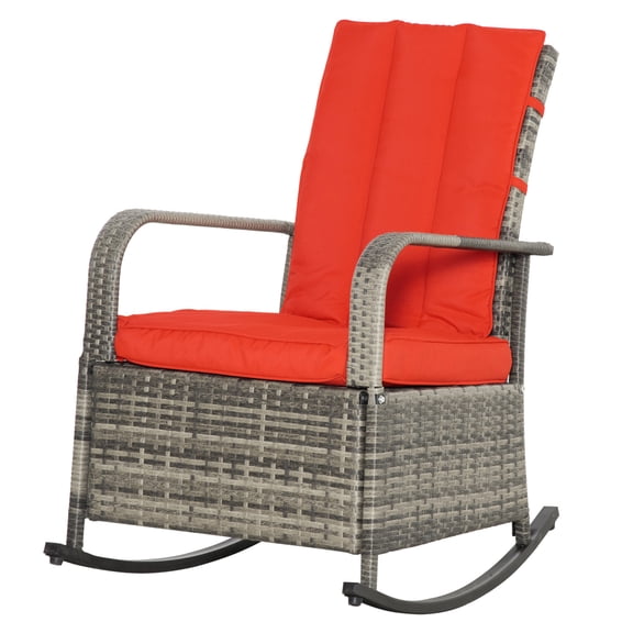 PE Rattan Rocking Recliner with Footrest - Red Cushions, Outdoor Patio Rocker Chair, Adjustable Reclining Wicker Chair for Porch, Lawn, Poolside