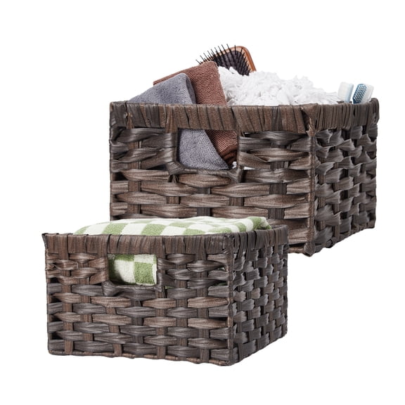 PE Rattan Storage Baskets Set of 2, Square Woven Waterproof Organizer Bins with Handles, Nesting Design, Brown