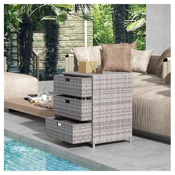PE Rattan Storage Cabinet, Outdoor Pool Towel Organizer, 3 Drawer Wicker Cabinet Gray