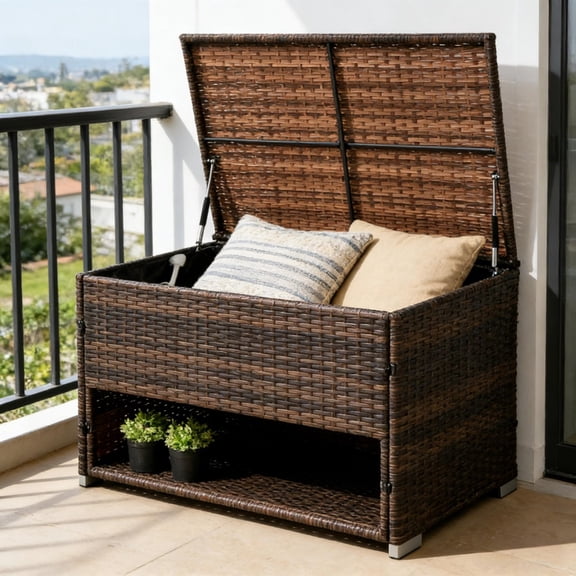 PE Rattan Storage Cabinet with Shelf, Outdoor Indoor Wicker Storage Box for Patio, Pool, Bathroom, Towel & Shoe Storage, Brown RLB