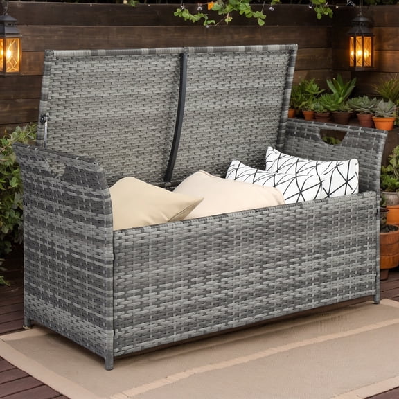 PE Rattan Storage Footstool Ottoman with Iron Frame, 106x52x46cm, Gray