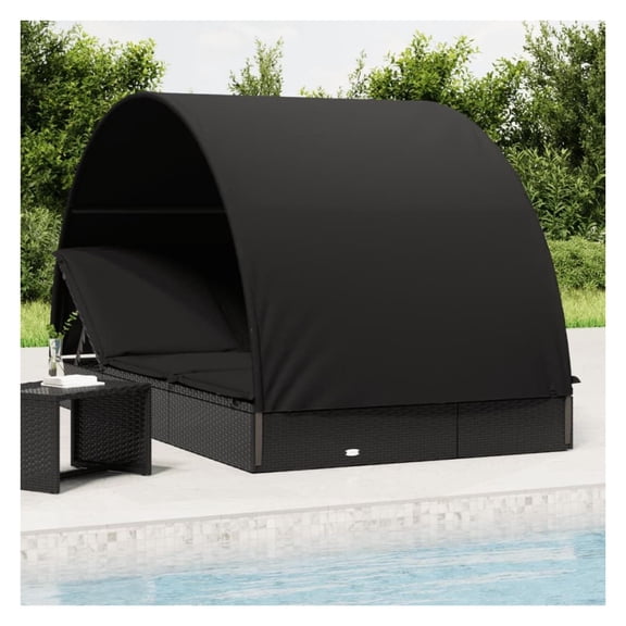 PE Rattan Sunbed Black - 2 Person Outdoor Lounger with Canopy - Powder Coated Steel Frame - Patio Daybed for Garden, Poolside Relaxation