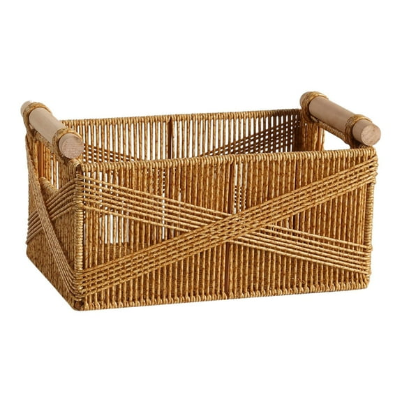 PE Rattan Woven Storage Bin Box Multifunctional Entryway Organizer with Iron Frame for Home Decor