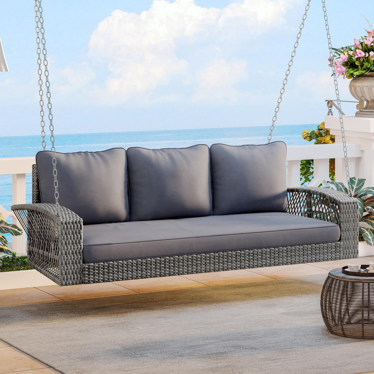 PE Wicker 3-Person Porch Swing with Chains, Large Patio Swing Bench with Cushions for Backyard, Garden, Poolside, Heavy Duty, Gray