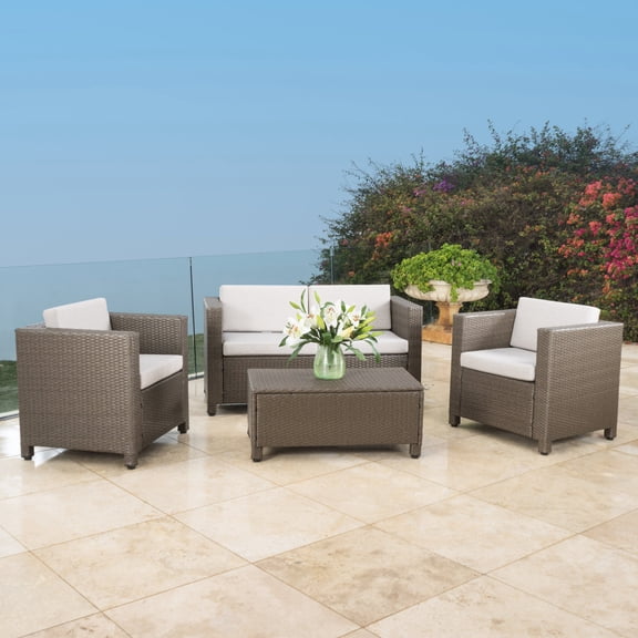 PE Wicker 4-Piece Patio Group / Chat Comfortably with Plush Cushioned Chairs