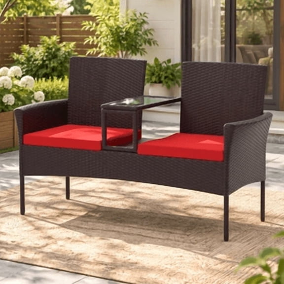 Junkai Outdoor PE Wicker Loveseat with Built-in Glass Side Table, 500 lbs Capacity Patio Sofa with 3.1" Thick Cushions, All-Weather Rattan Patio Furniture for Backyard Porch(Red-Brown)