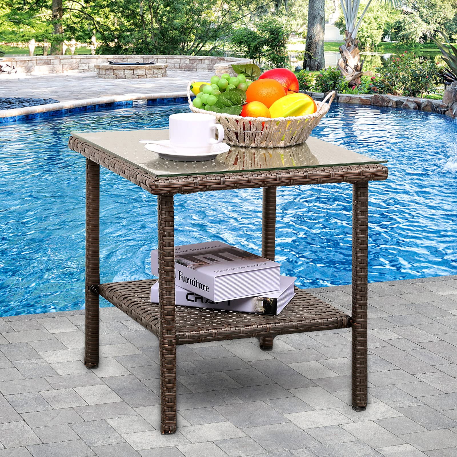 PE Wicker Outdoor Side Table, Rattan Patio Coffee Table with 5mm ...