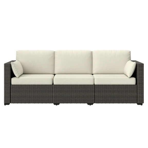 PE Wicker Outdoor Sofa, 3-Seat Rattan Patio Couch - Cream White