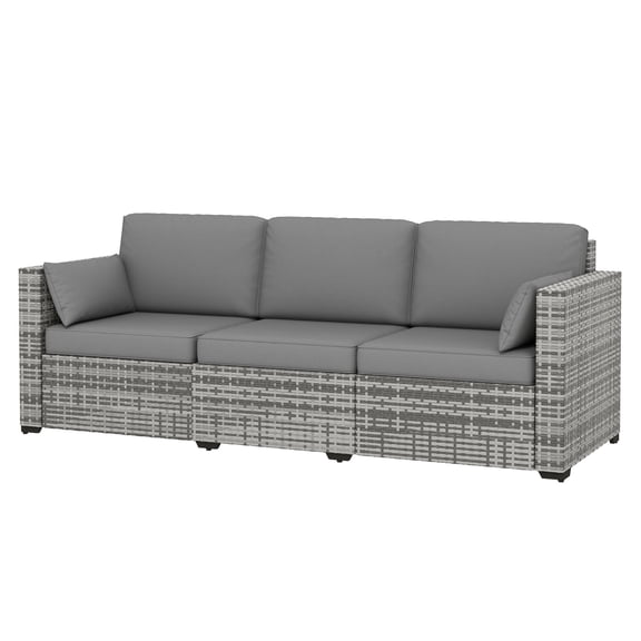 PE Wicker Patio Sofa, 3-Seater Outdoor Couch, Deep Seating Rattan Furniture for Balcony, Deck, Garden, Gray