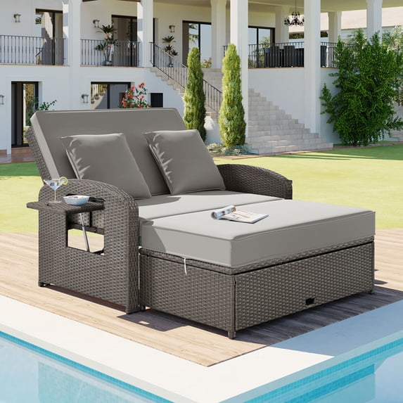 PE Wicker Rattan Double Chaise Lounge, 2-Person Reclining Daybed with Adjustable Back and Cushions, Free Furniture Protection Cover (Gray)