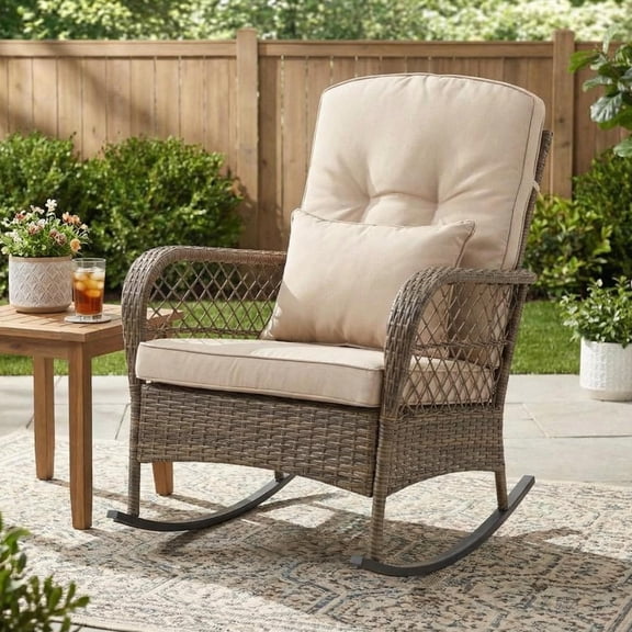 PE Wicker Rocking Chair with Thick Cushions,Heavy Duty Outdoor Rocker,High Back Armchair for Garden, Patio, Conservatory & Balcony