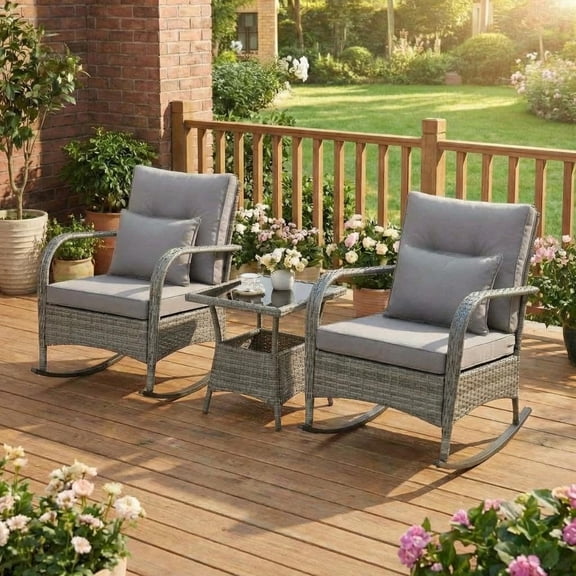 PE Wicker Rocking Chair with Thick Cushions,Heavy Duty Outdoor Rocker,High Back Armchair for Garden, Patio, Conservatory & Balcony