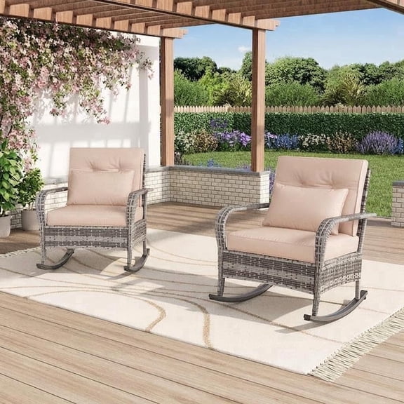 PE Wicker Rocking Chair with Thick Cushions,Heavy Duty Outdoor Rocker,High Back Armchair for Garden, Patio, Conservatory & Balcony