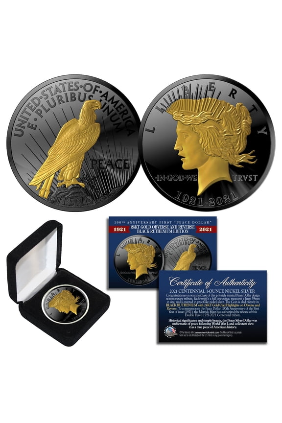 PEACE DOLLAR Tribute Coin 100th Anniversary BLACK RUTHENIUM & 24K GOLD with BOX